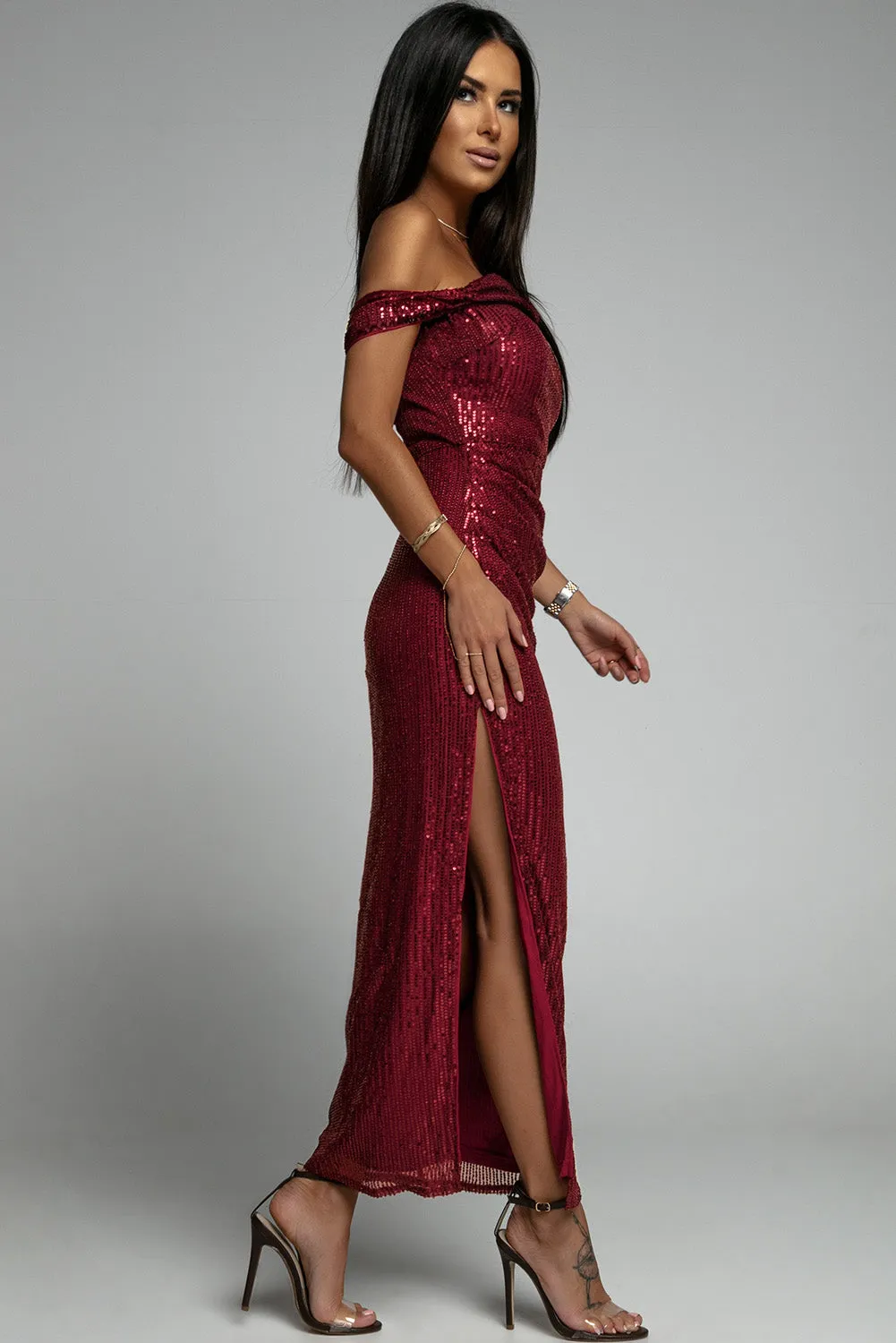 Glamorous Off-Shoulder Sequin Evening Dress