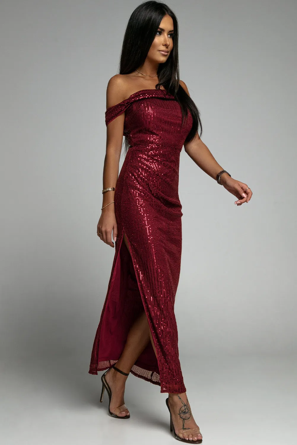 Glamorous Off-Shoulder Sequin Evening Dress