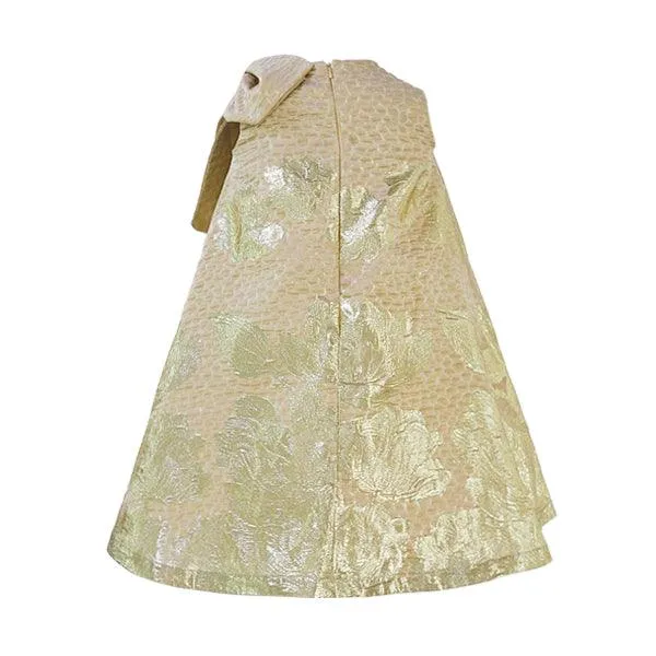 GOLD DAMASK DRESS WITH HAIR BOW