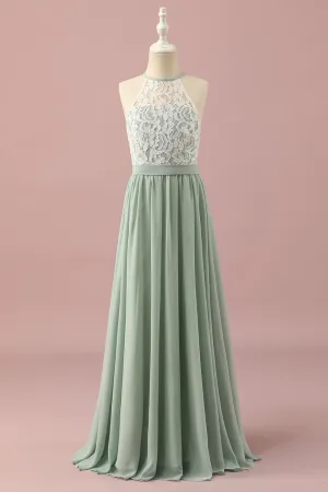 Green Lace and Chiffon Halter Junior Bridesmaid Dress