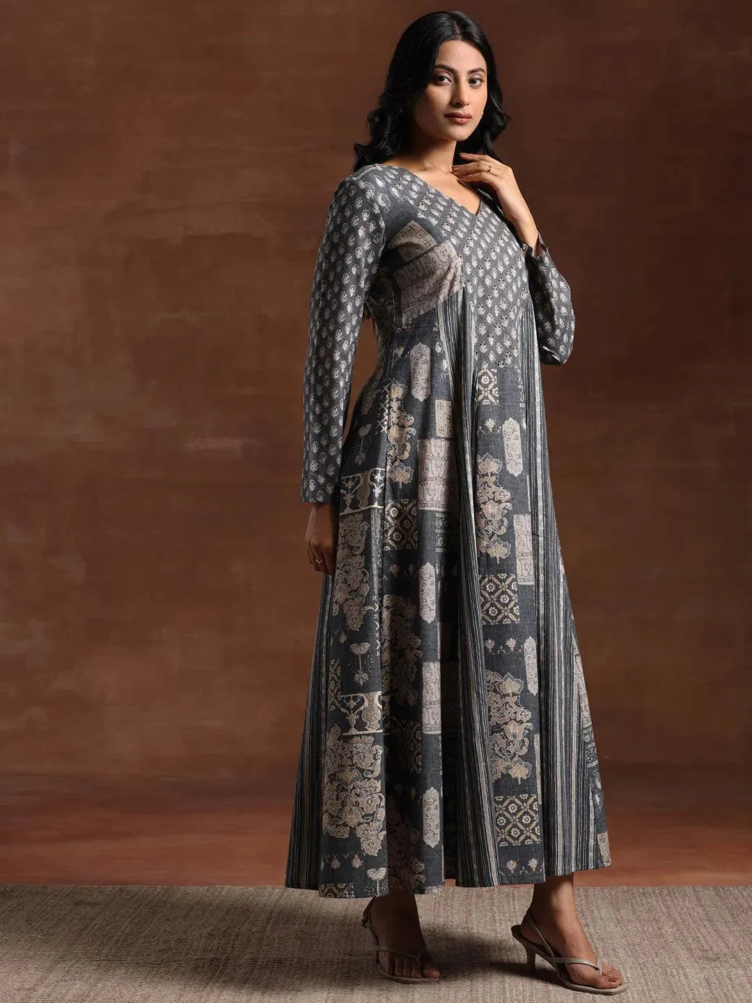 Grey Printed Linen A-Line Dress