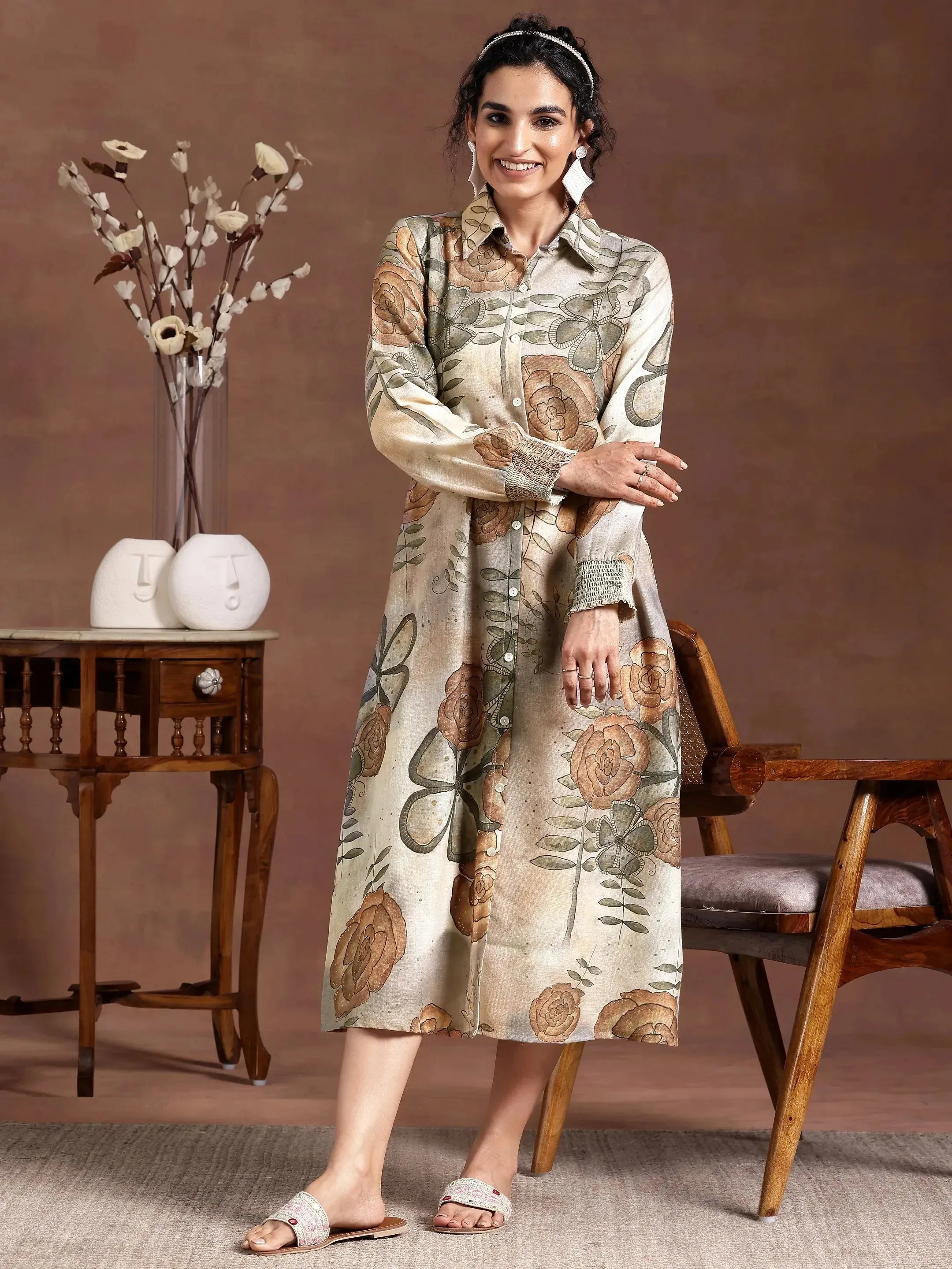 Grey Printed Linen Shirt Dress