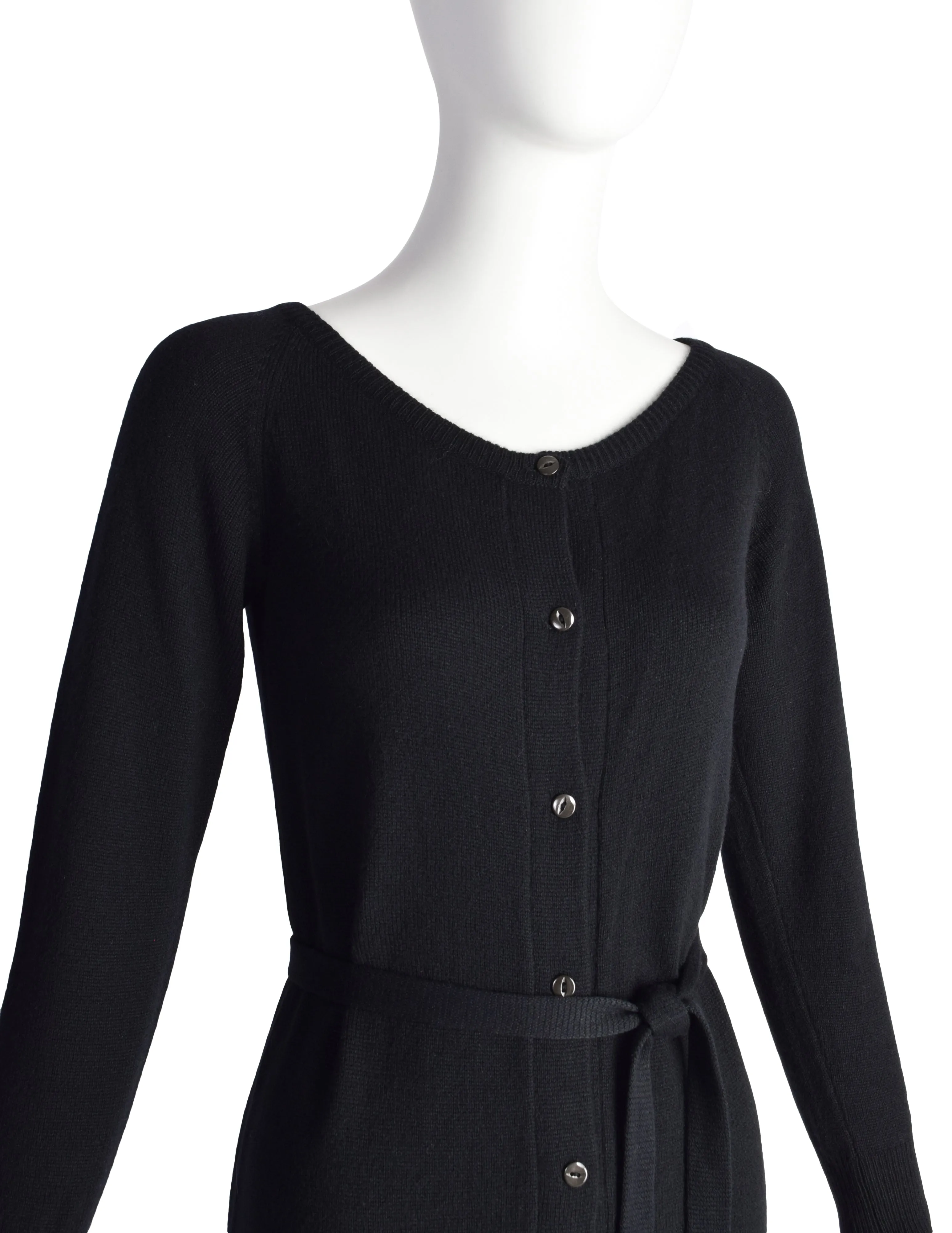 Halston Vintage 1970s Black Cashmere Button Up Sweater Dress