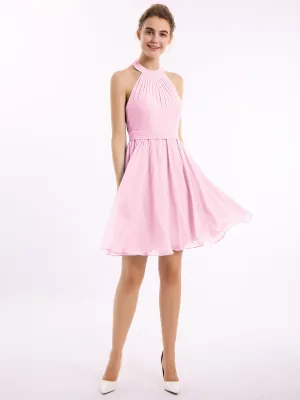 Halter Chiffon Short Bridesmaid Dresses-Candy Pink Plus Size