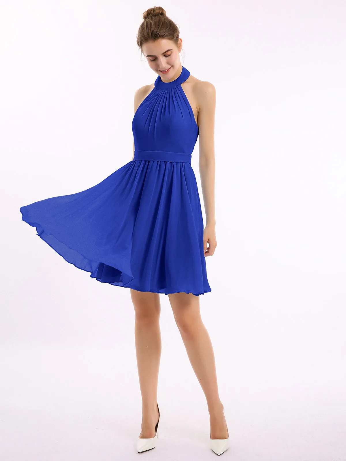 Halter Chiffon Short Bridesmaid Dresses-Royal Blue