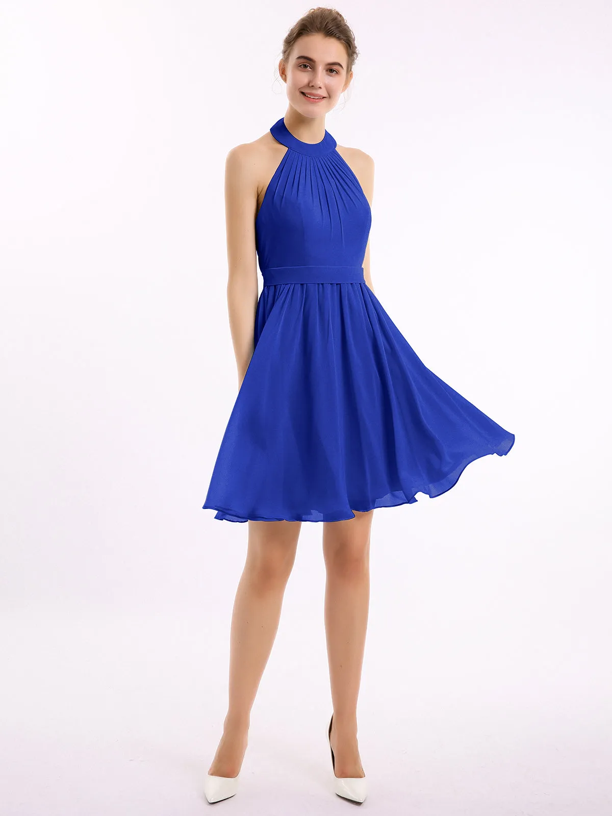 Halter Chiffon Short Bridesmaid Dresses-Royal Blue