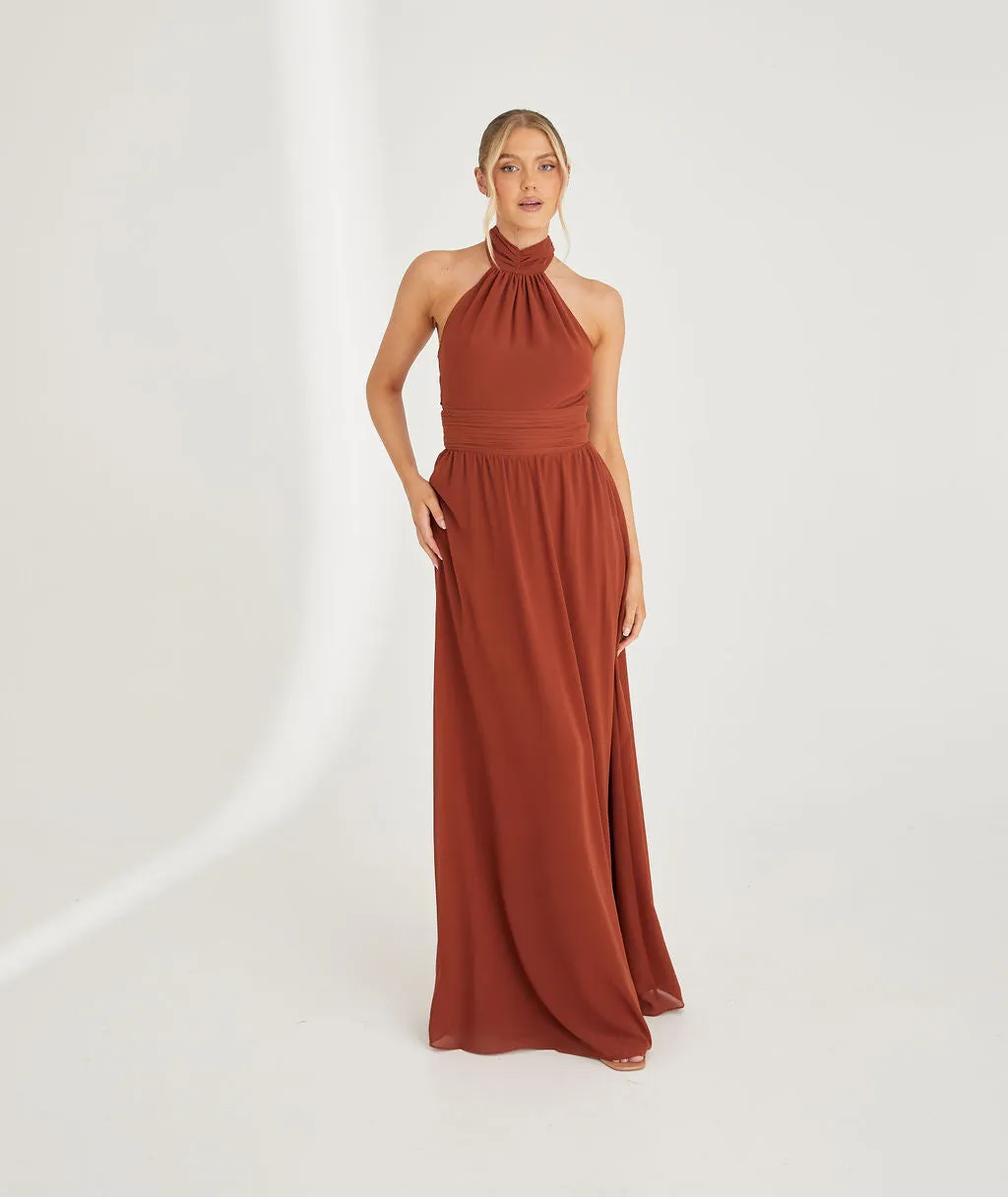 Halter Neck Pleated Waist Chiffon Bridesmaid Dress - Rust