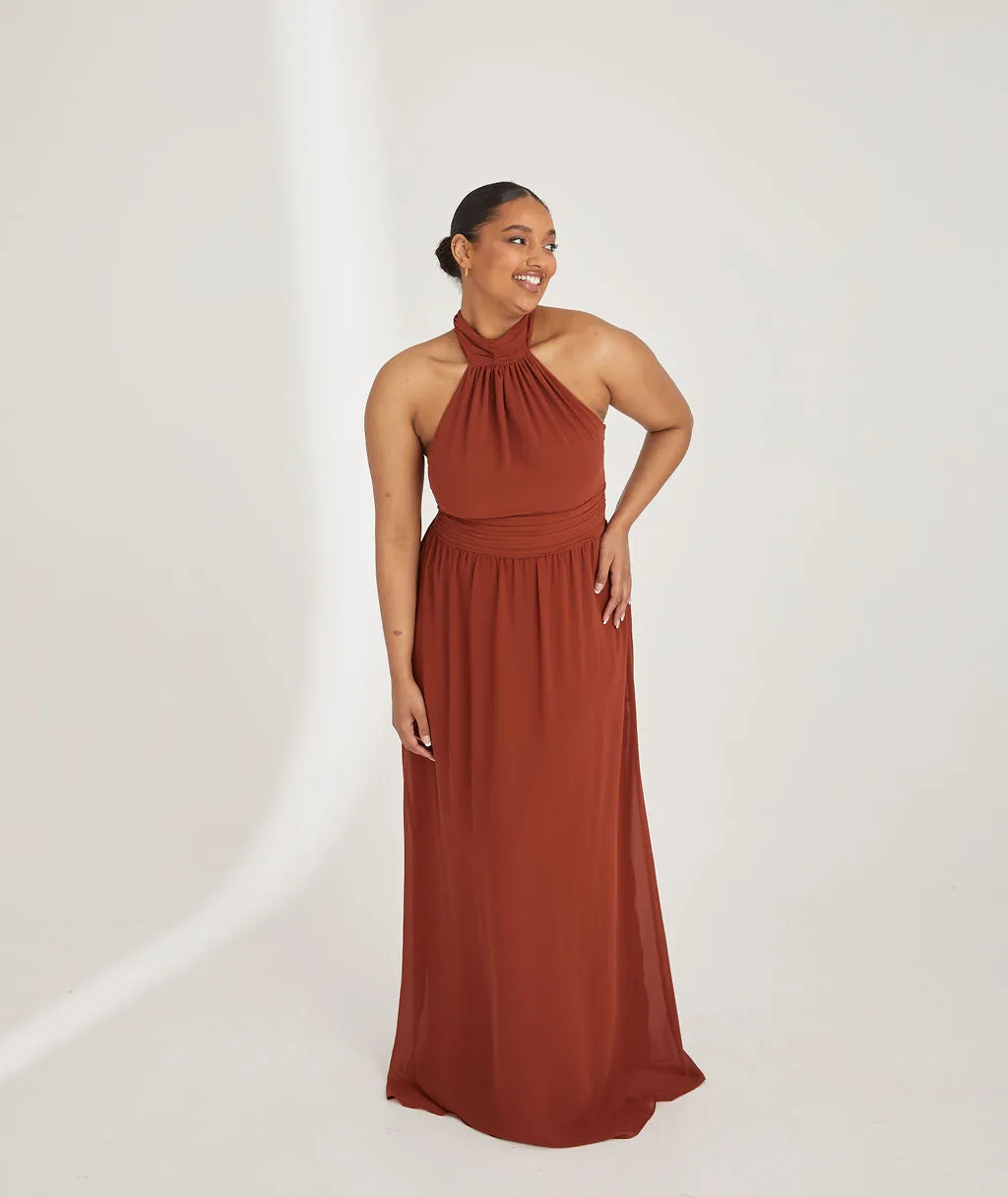 Halter Neck Pleated Waist Chiffon Bridesmaid Dress - Rust