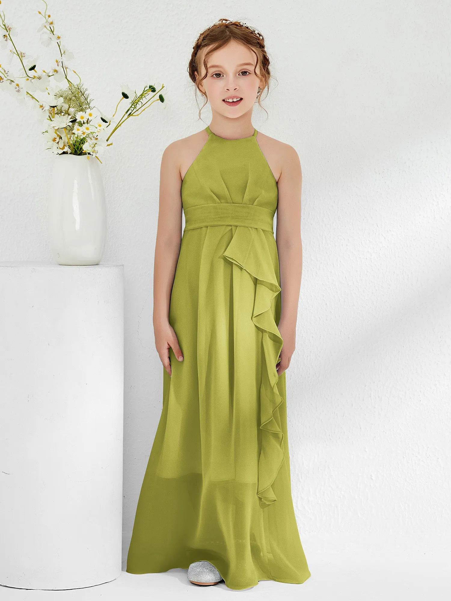 Halter Neckline Junior Bridesmaid Dresses with Sash Clover