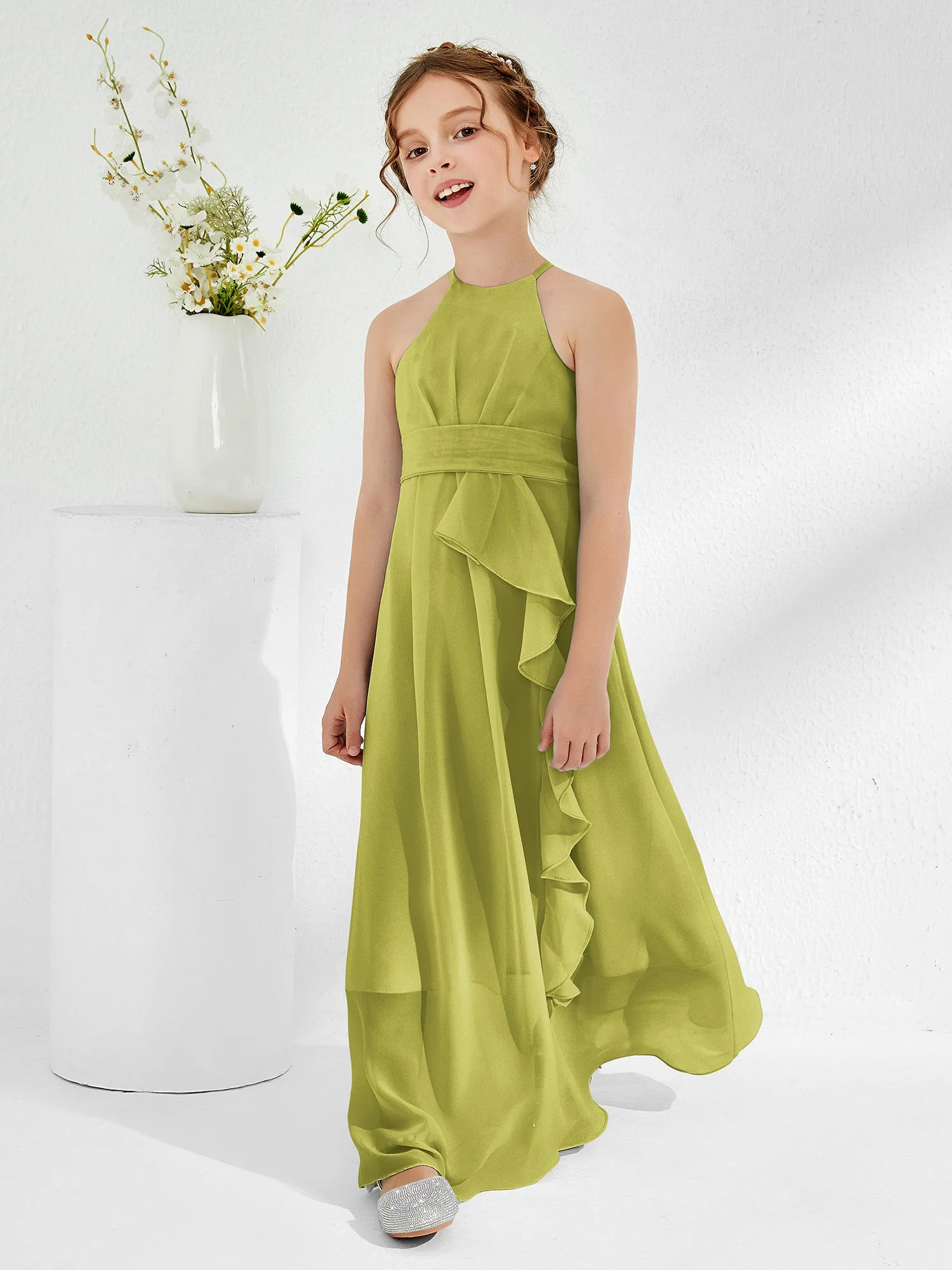 Halter Neckline Junior Bridesmaid Dresses with Sash Clover