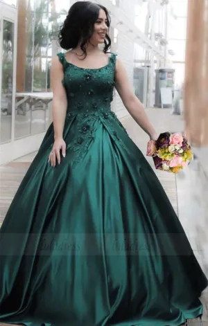 Hunter Green Lace Flowers Embroidery Satin Ball Gowns