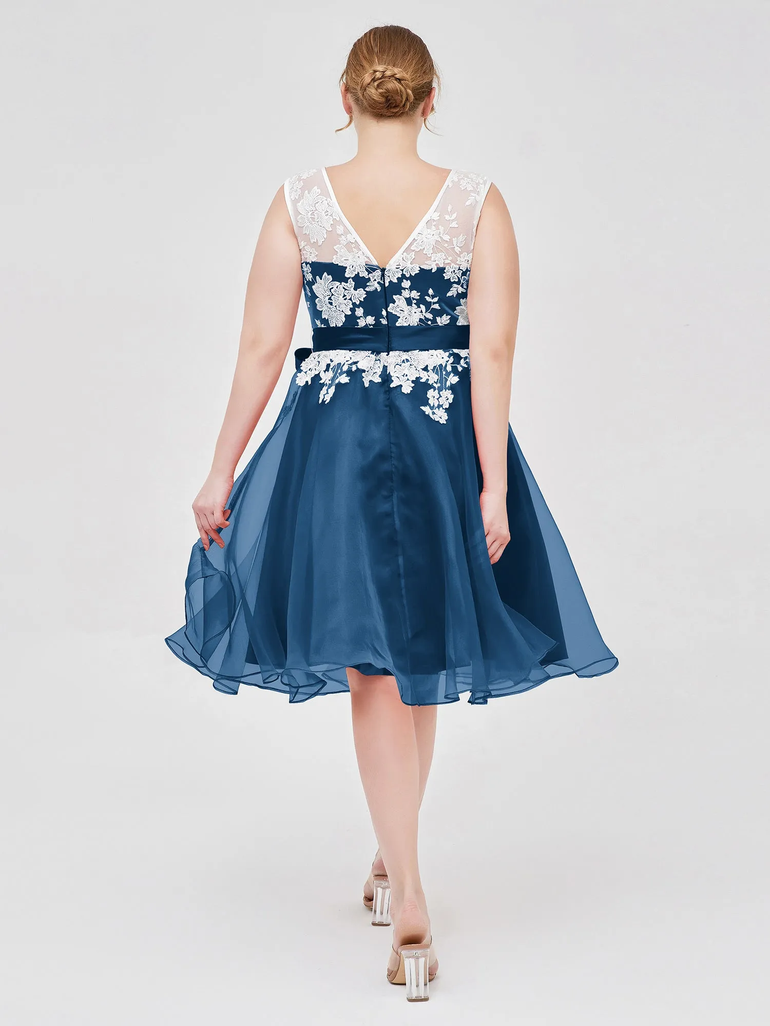 Illusion Neck Organza with Ivory Lace Appliqued Ink Blue