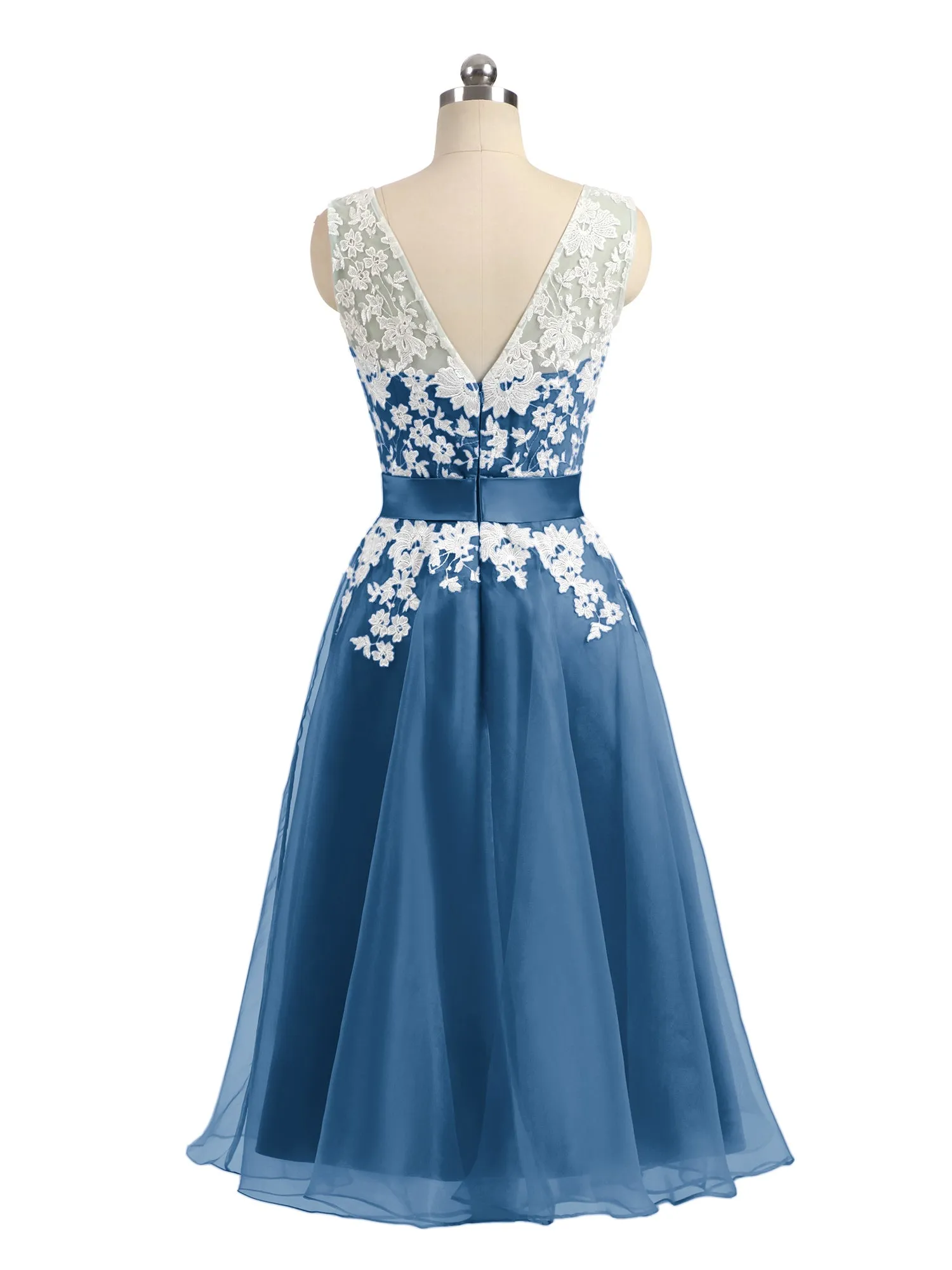 Illusion Neck Organza with Ivory Lace Appliqued Ink Blue