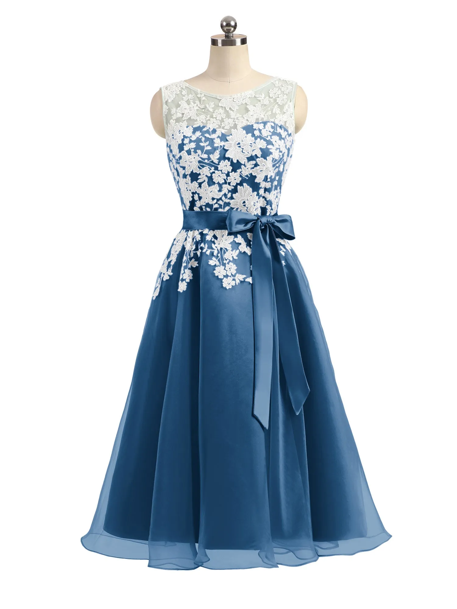 Illusion Neck Organza with Ivory Lace Appliqued Ink Blue