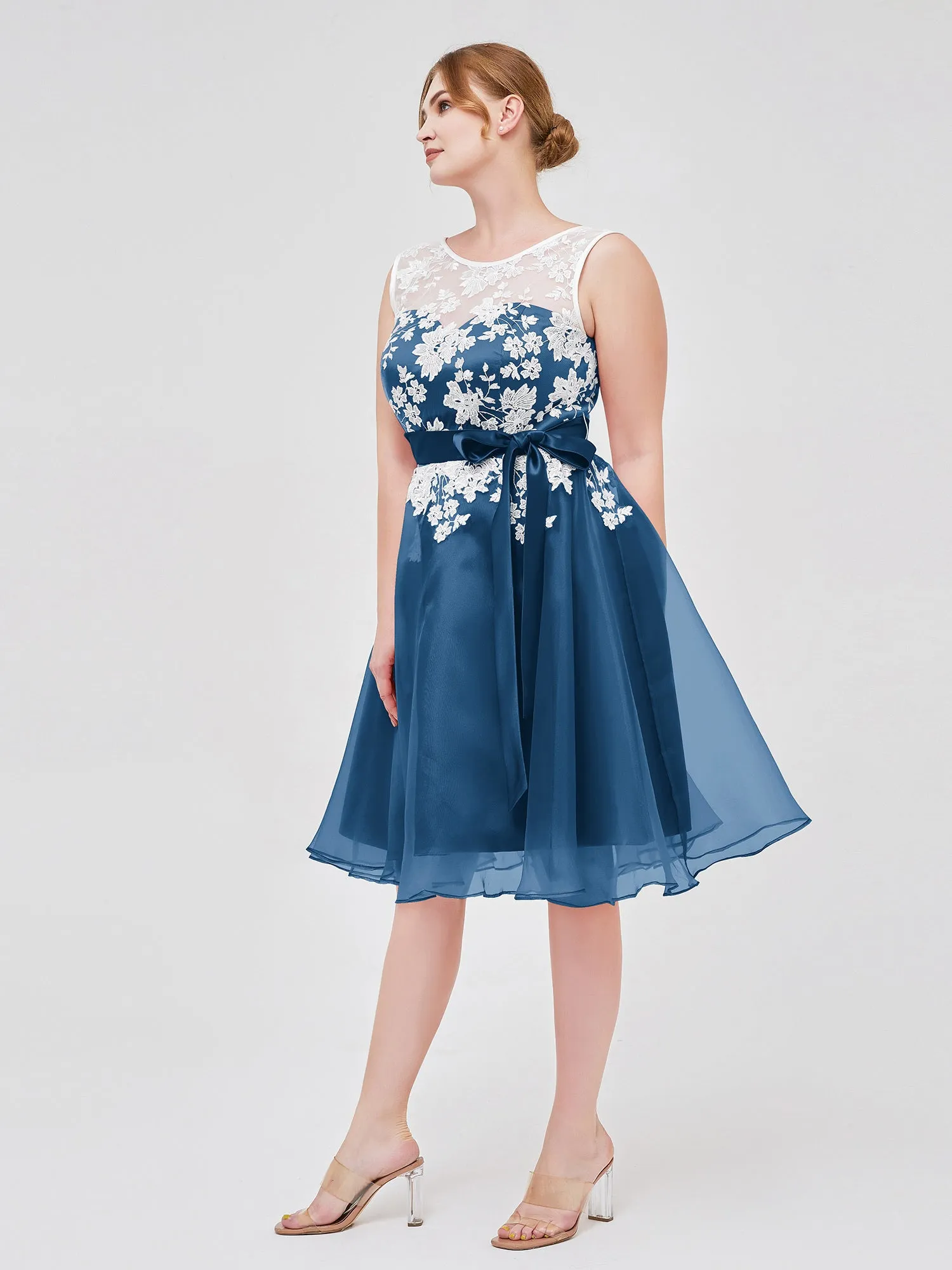 Illusion Neck Organza with Ivory Lace Appliqued Ink Blue