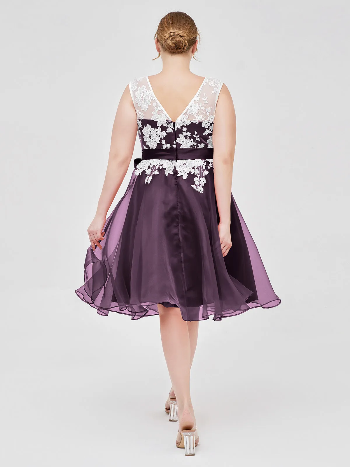 Illusion Neck Organza with Ivory Lace Appliqued Plum