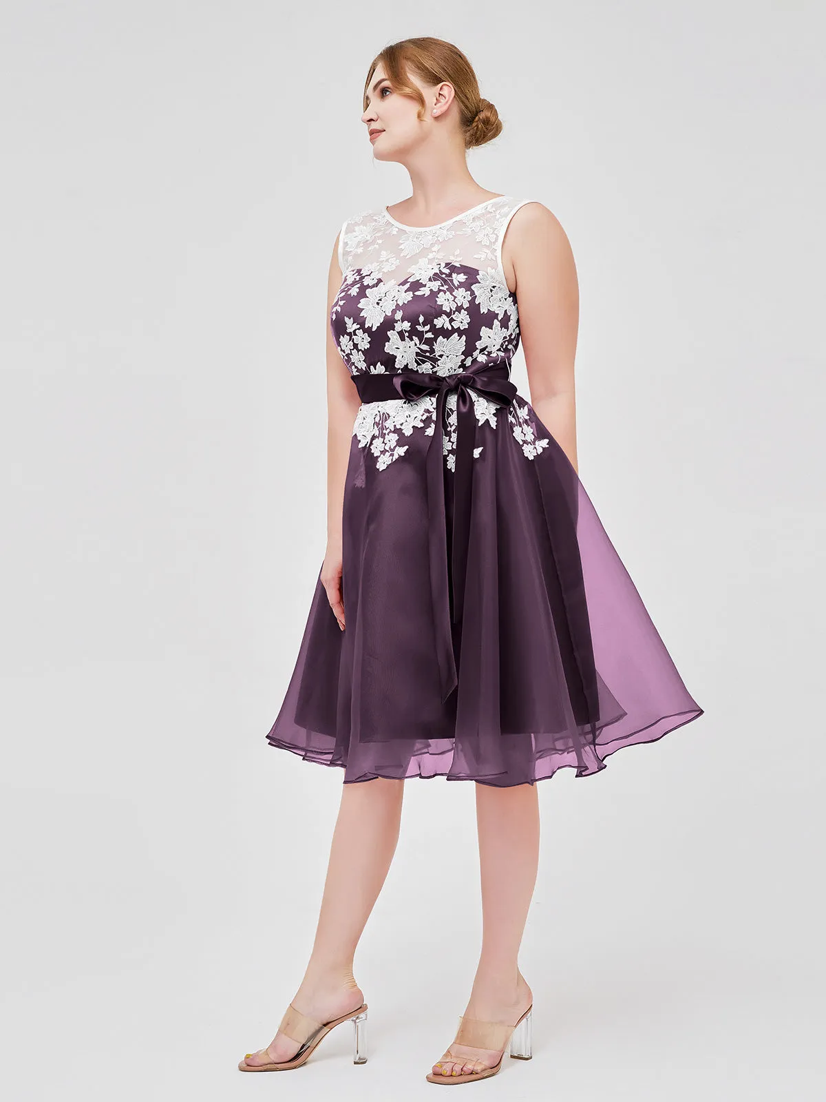 Illusion Neck Organza with Ivory Lace Appliqued Plum