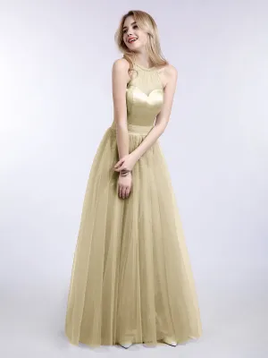 Illusion Neckline Long Tulle Dress-Champagne