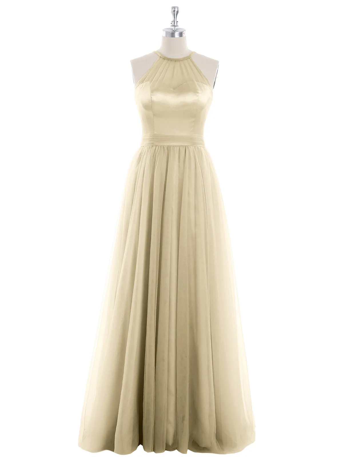 Illusion Neckline Long Tulle Dress-Champagne