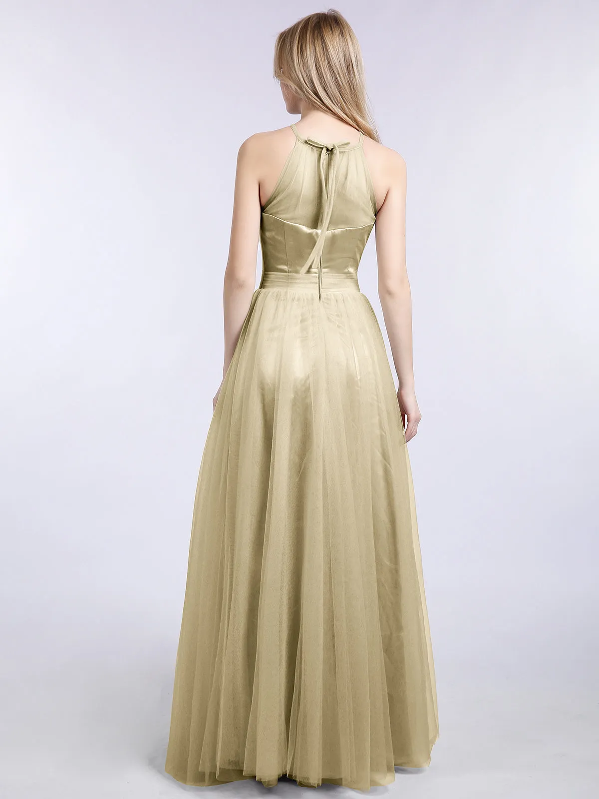 Illusion Neckline Long Tulle Dress-Champagne