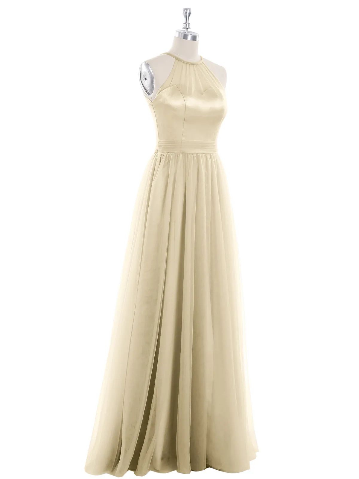 Illusion Neckline Long Tulle Dress-Champagne