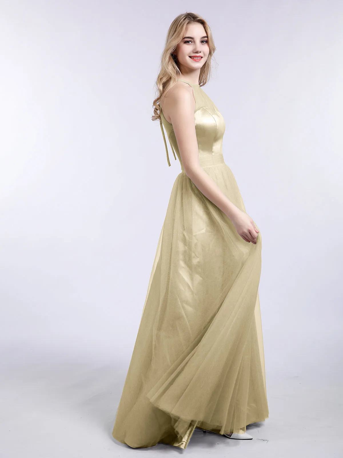 Illusion Neckline Long Tulle Dress-Champagne