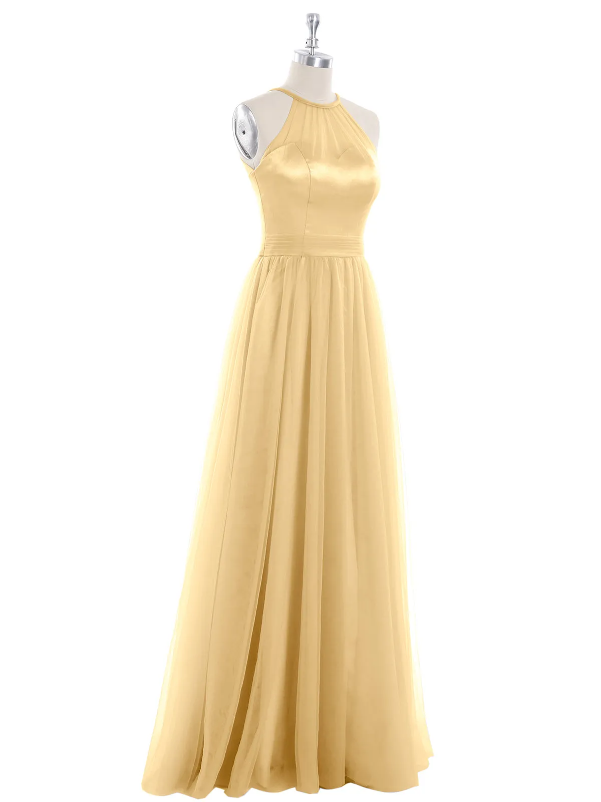 Illusion Neckline Long Tulle Dress-Gold