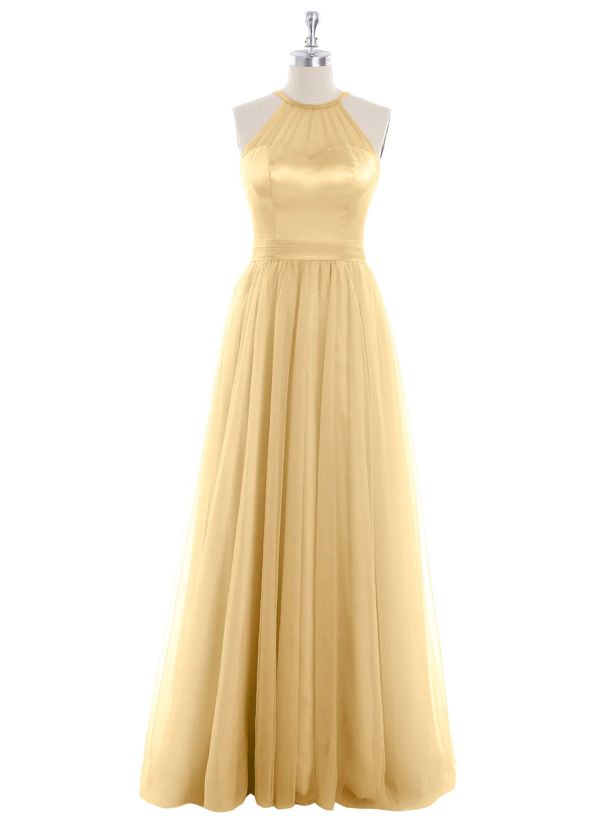 Illusion Neckline Long Tulle Dress-Gold