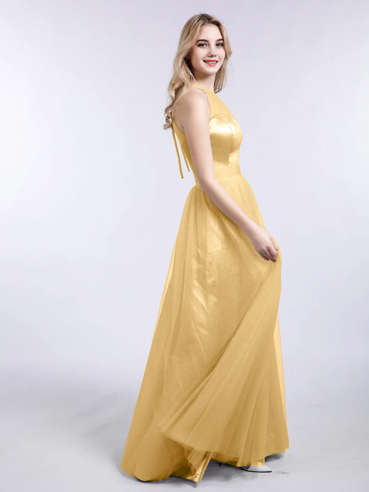 Illusion Neckline Long Tulle Dress-Gold