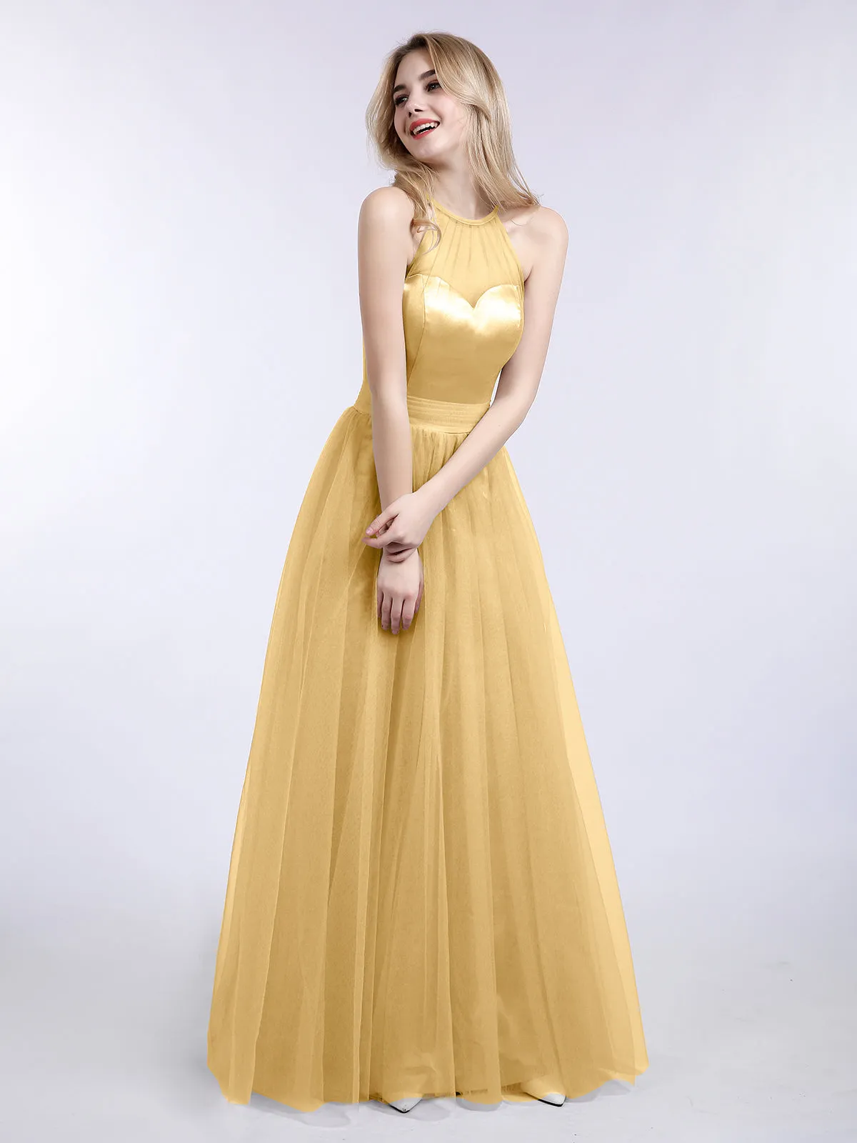 Illusion Neckline Long Tulle Dress-Gold