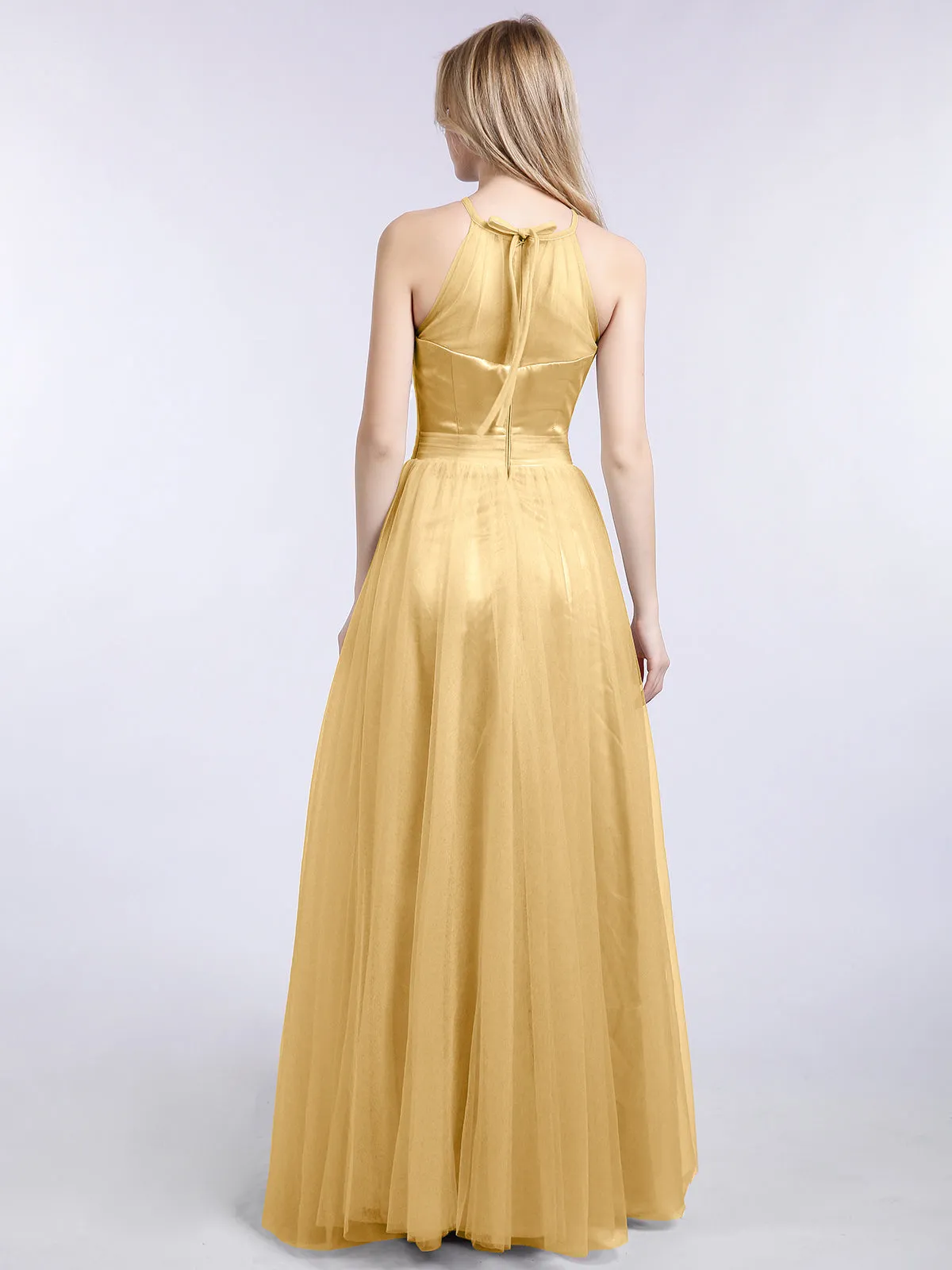 Illusion Neckline Long Tulle Dress-Gold