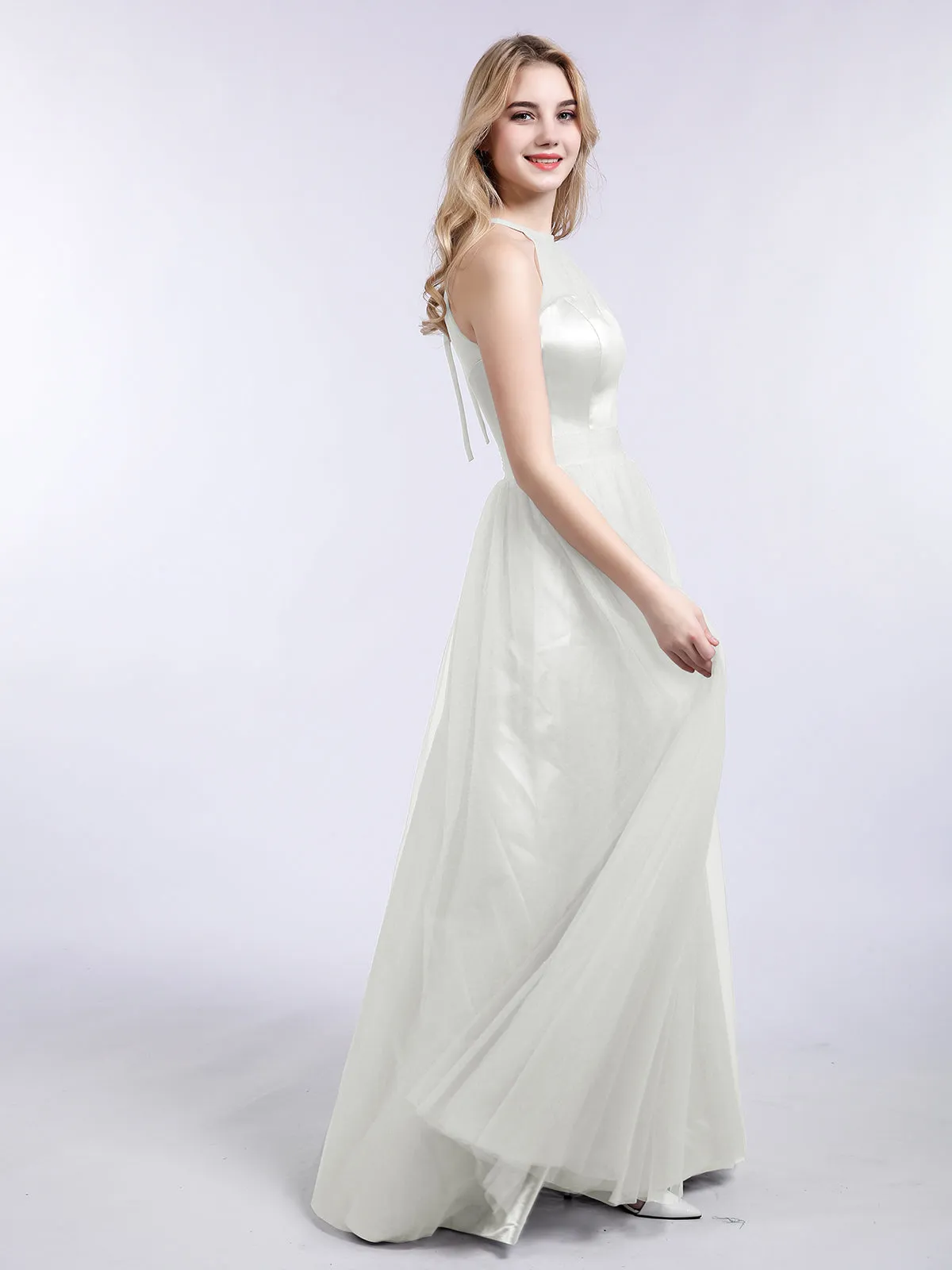 Illusion Neckline Long Tulle Dress-Ivory Plus Size