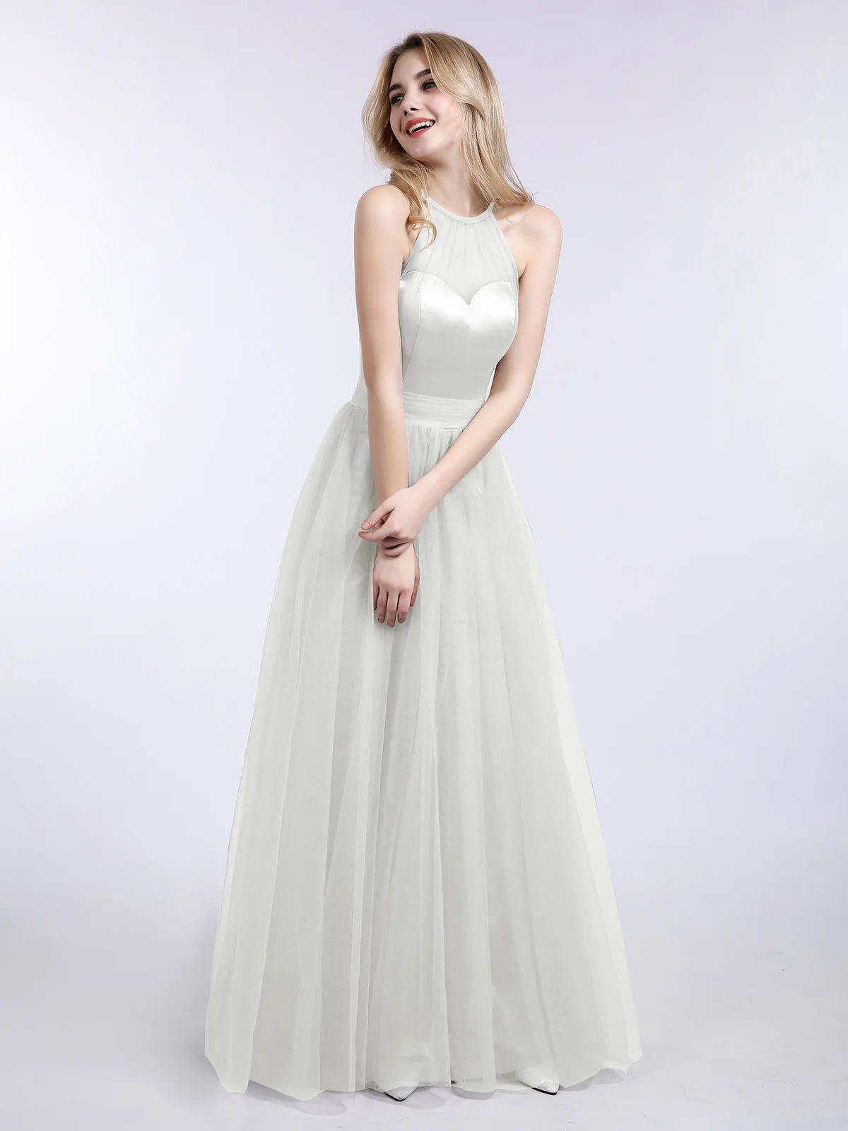 Illusion Neckline Long Tulle Dress-Ivory Plus Size