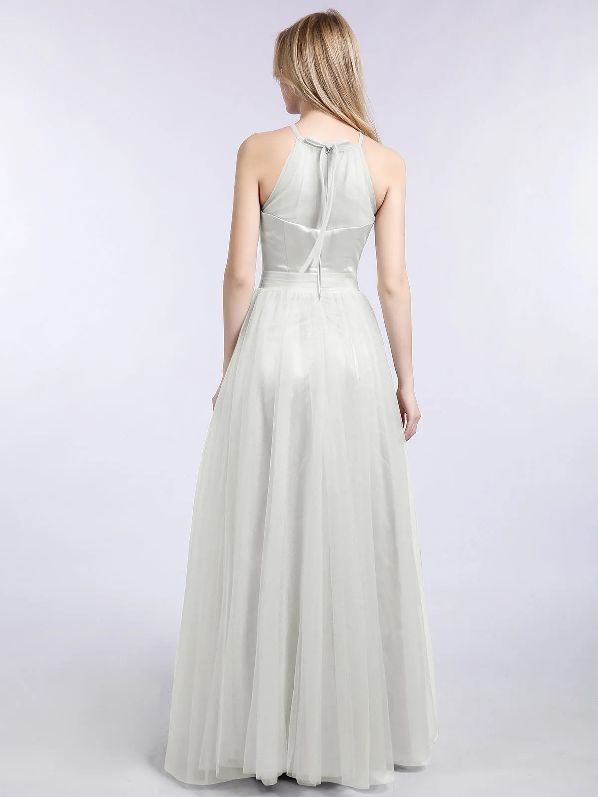 Illusion Neckline Long Tulle Dress-Ivory Plus Size