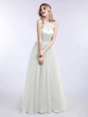 Illusion Neckline Long Tulle Dress-Ivory Plus Size