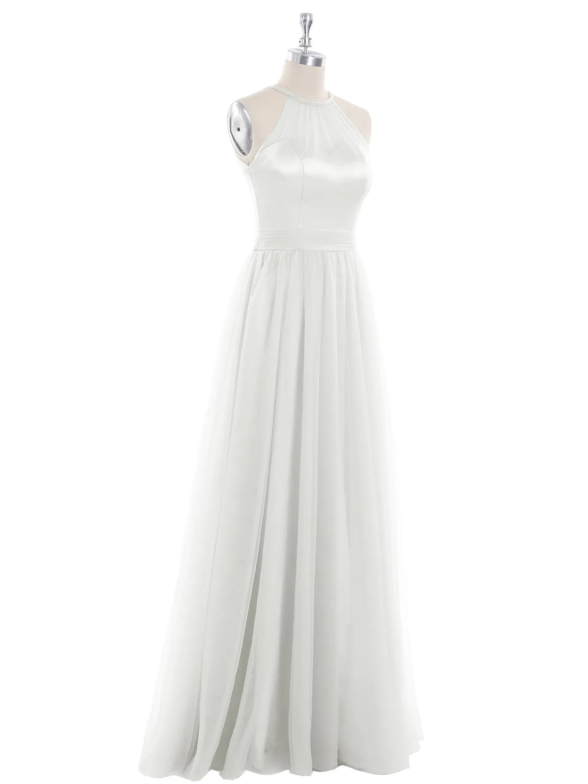 Illusion Neckline Long Tulle Dress-Ivory Plus Size