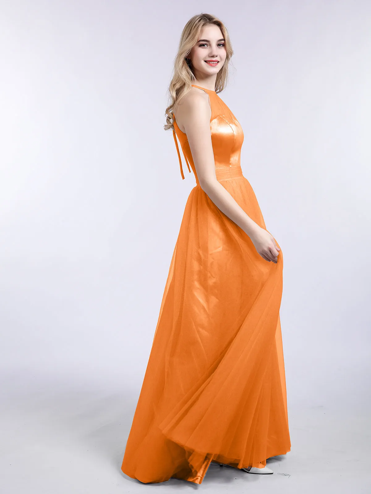 Illusion Neckline Long Tulle Dress-Orange Plus Size