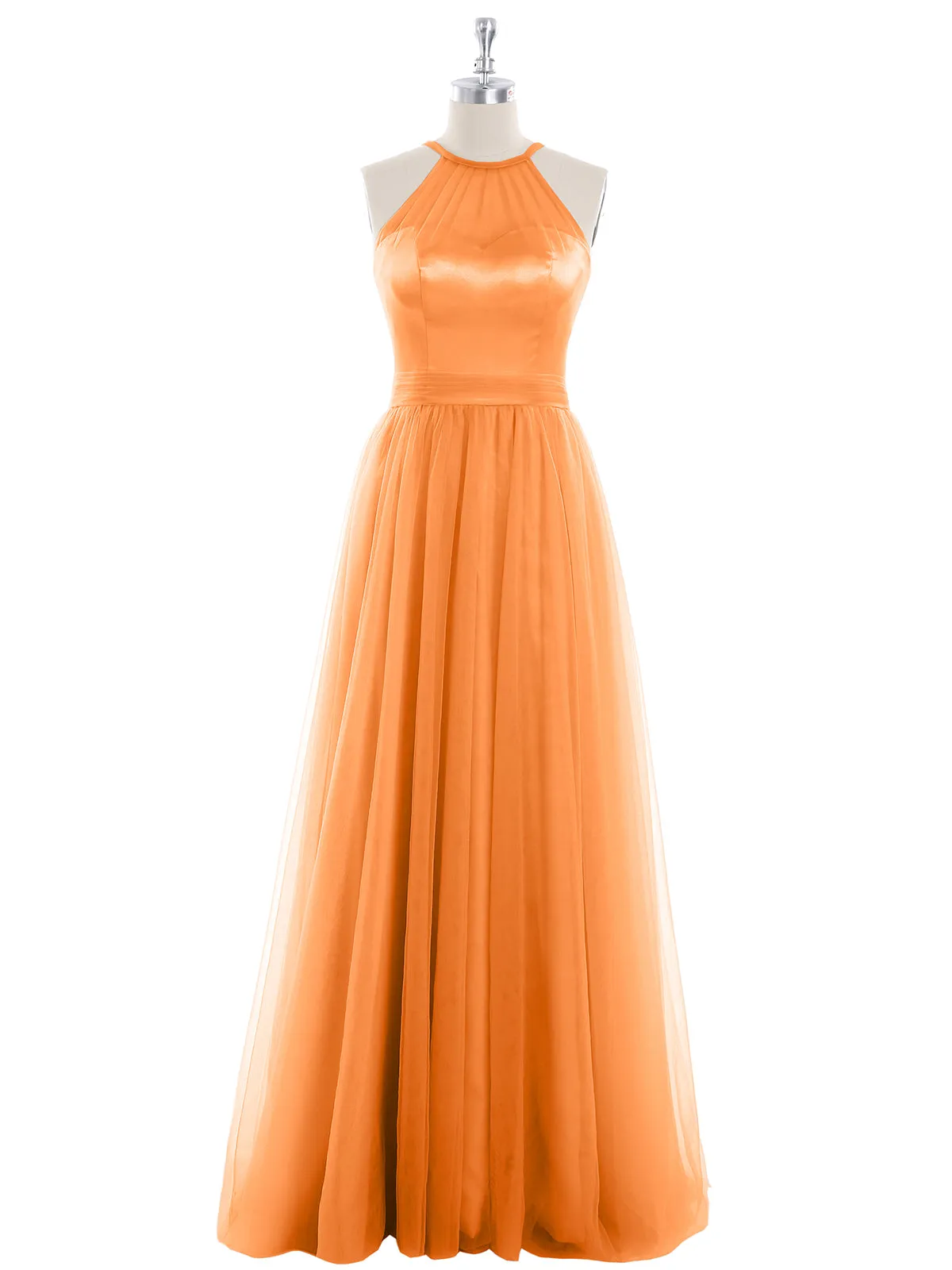 Illusion Neckline Long Tulle Dress-Orange Plus Size