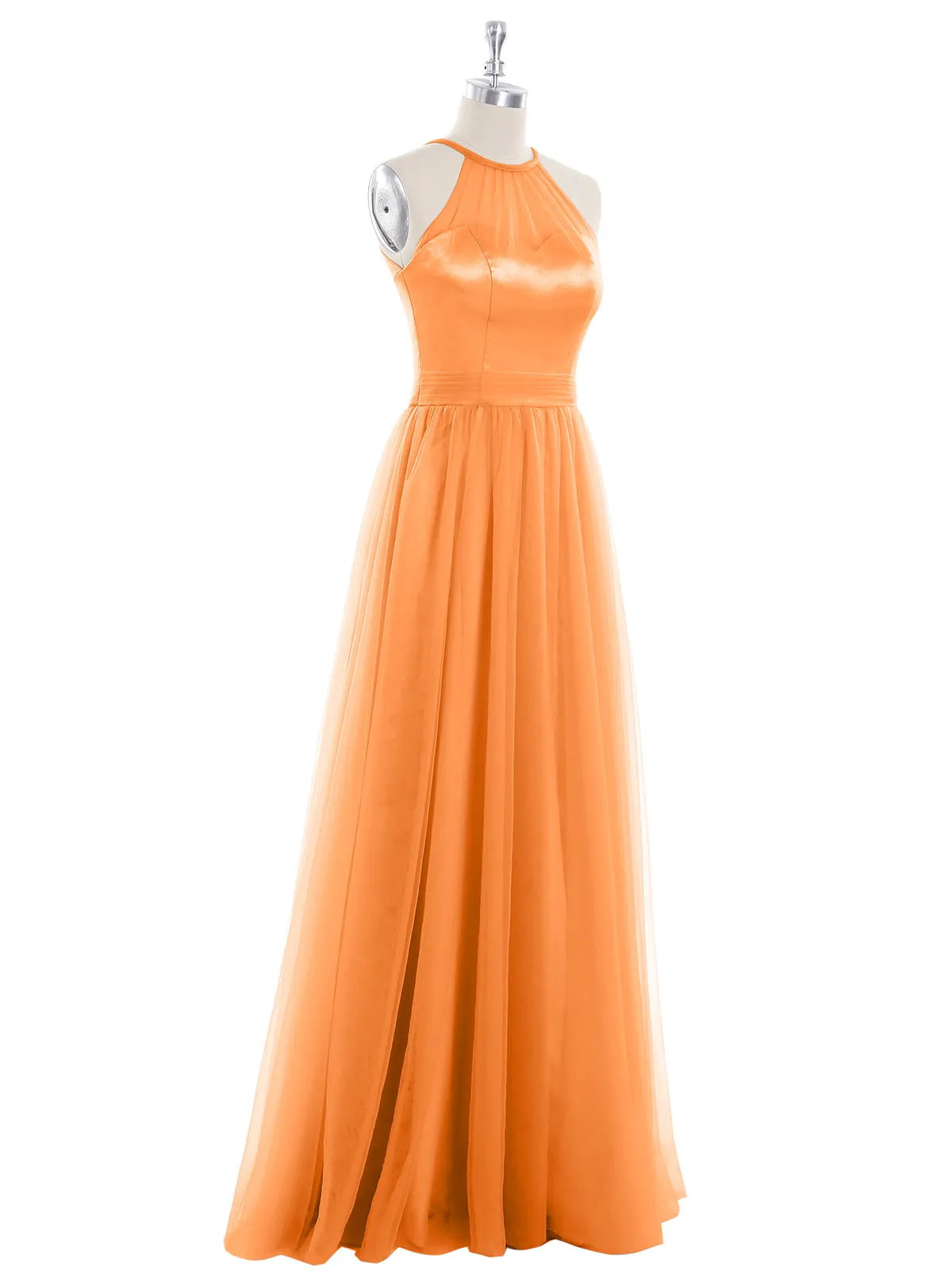 Illusion Neckline Long Tulle Dress-Orange Plus Size