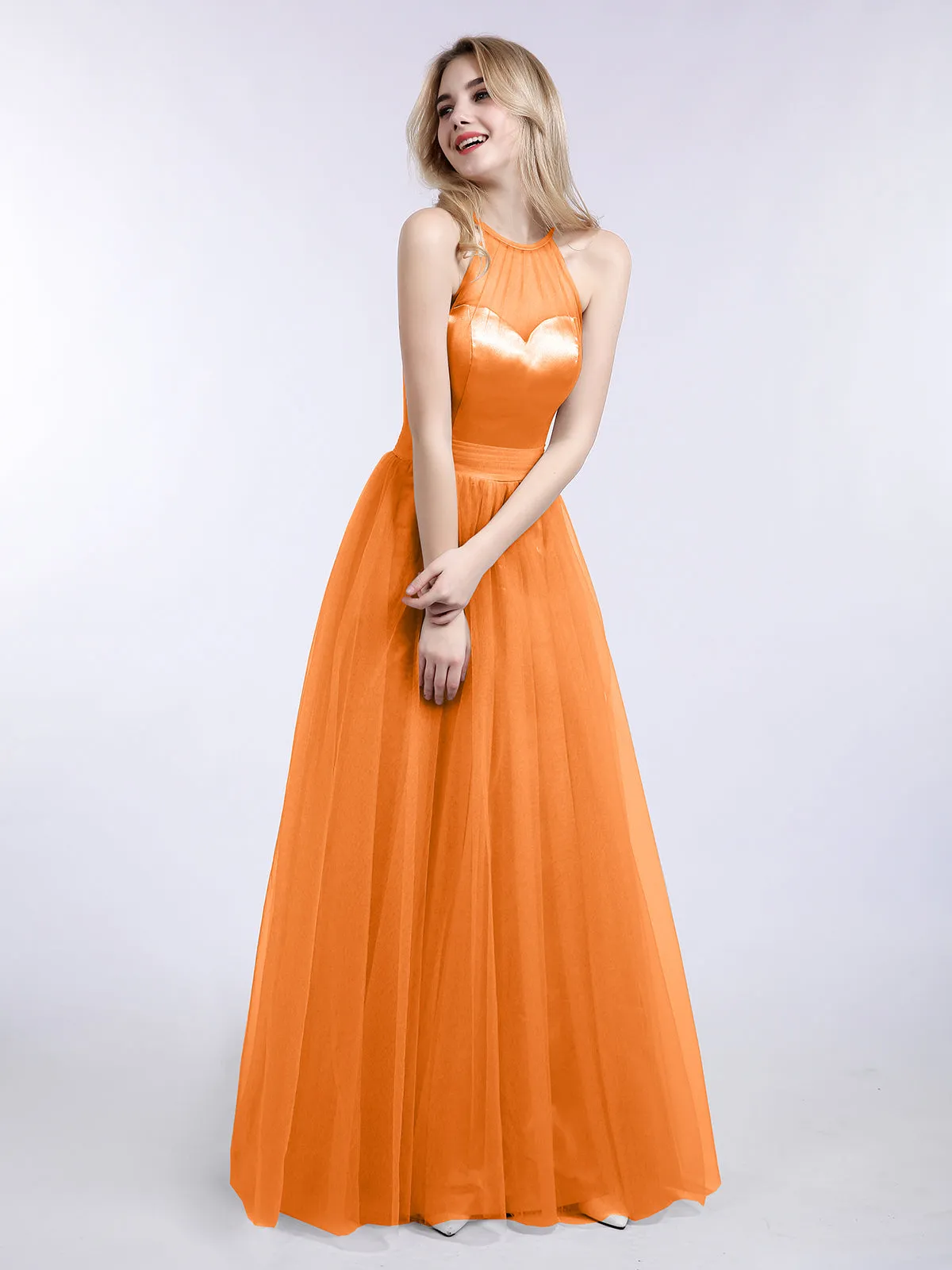 Illusion Neckline Long Tulle Dress-Orange Plus Size