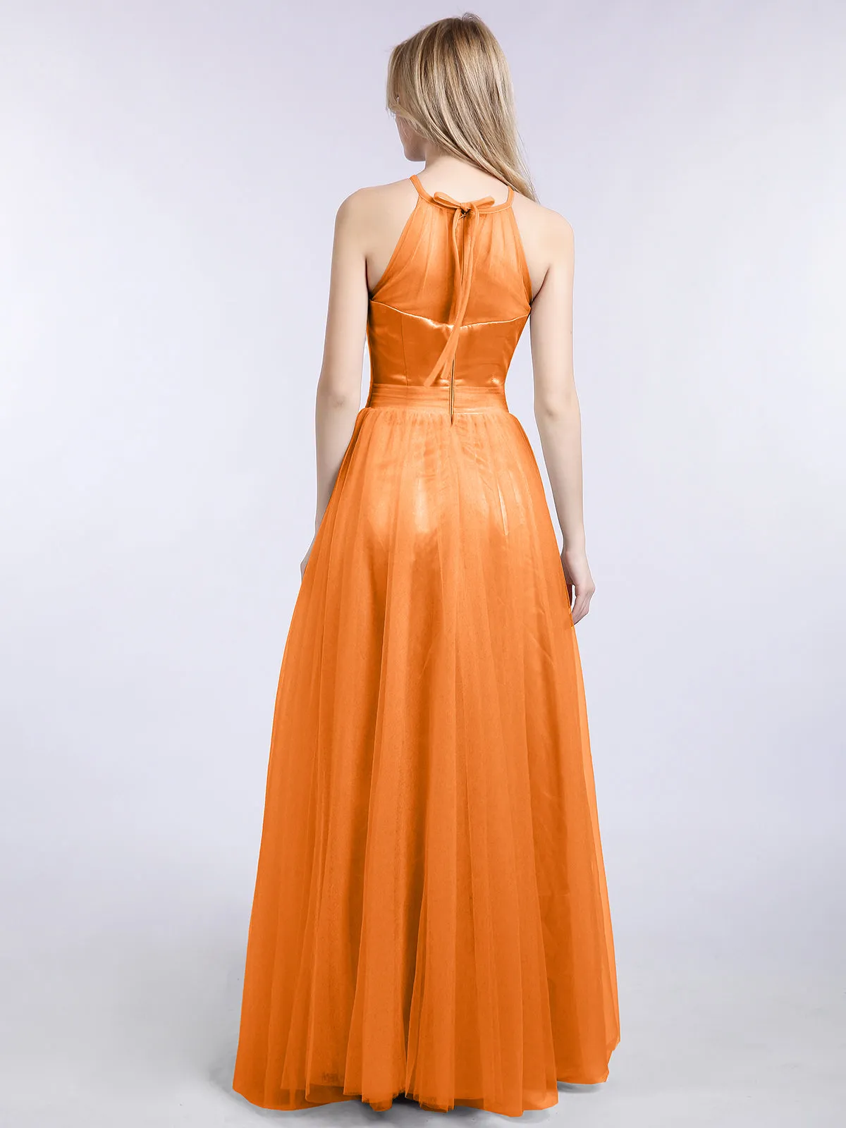 Illusion Neckline Long Tulle Dress-Orange Plus Size