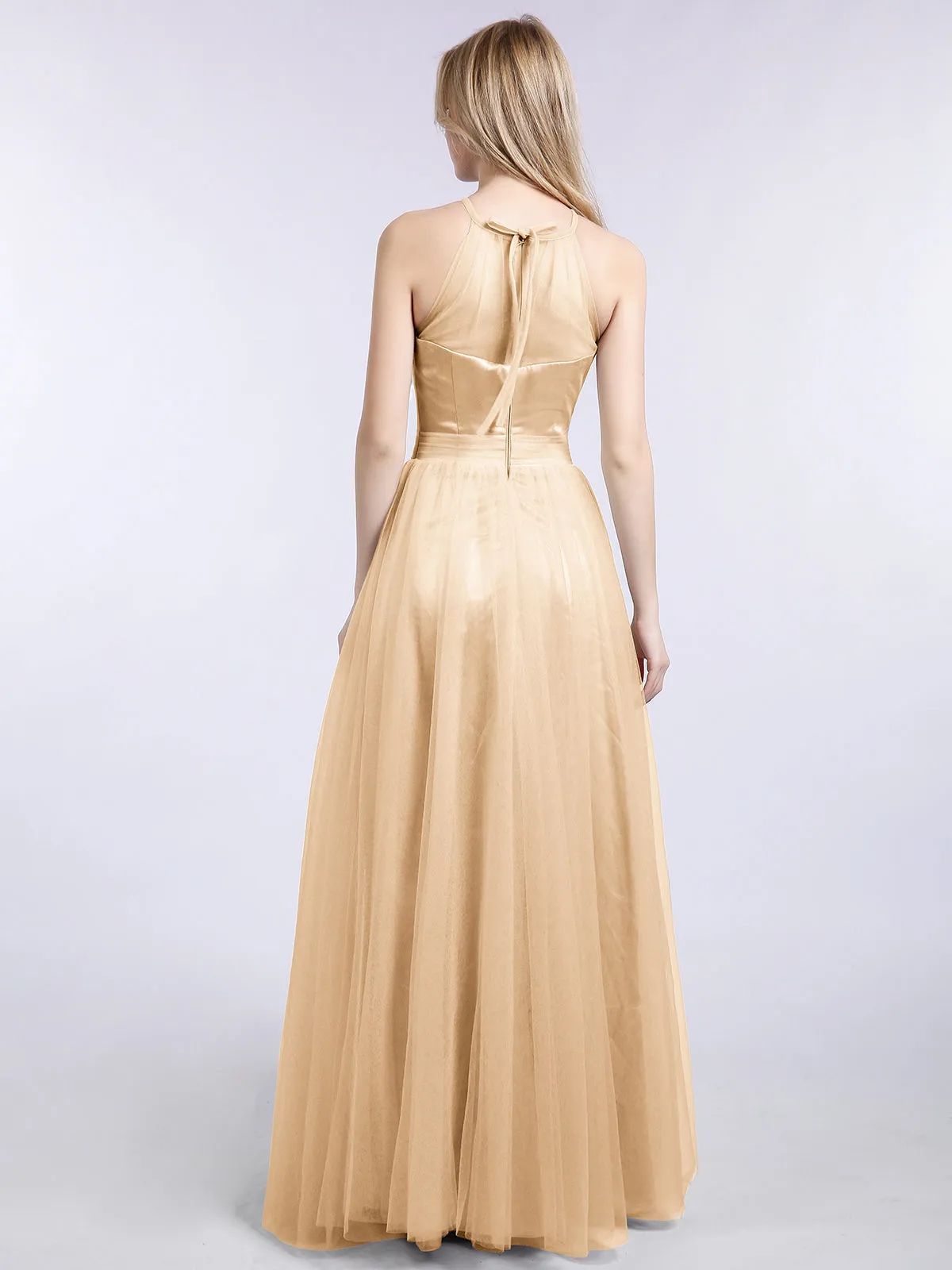 Illusion Neckline Long Tulle Dress-Peach Plus Size