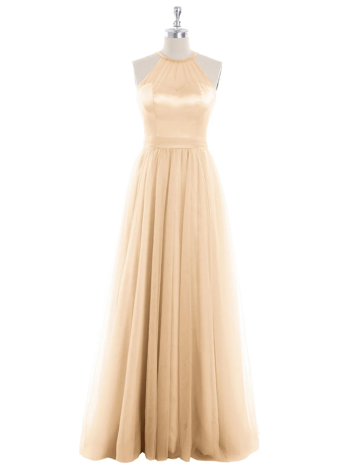 Illusion Neckline Long Tulle Dress-Peach Plus Size