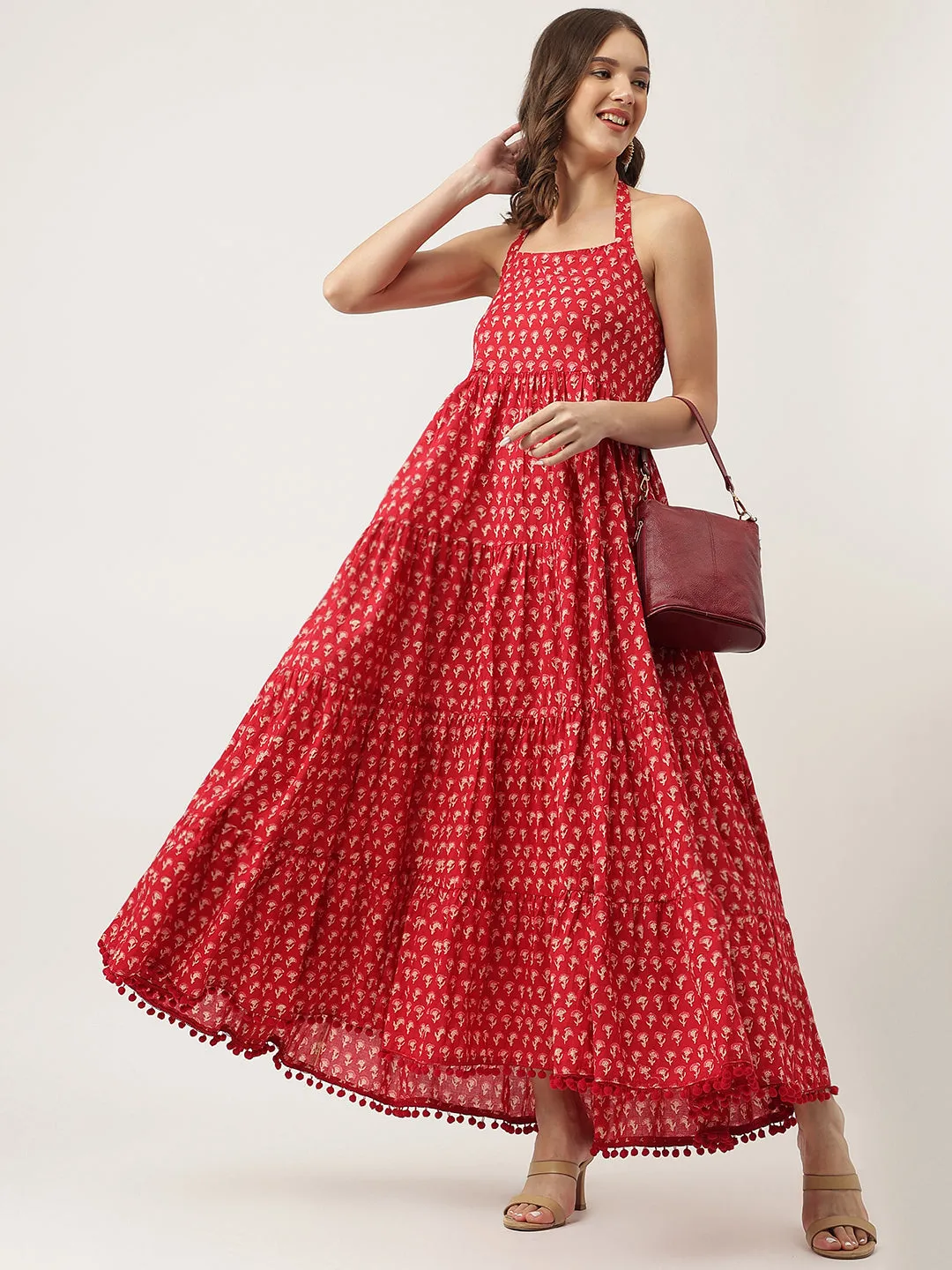 Jashvi Red Floral Printed Cotton Halter Neck Ethnic Tiered Dress