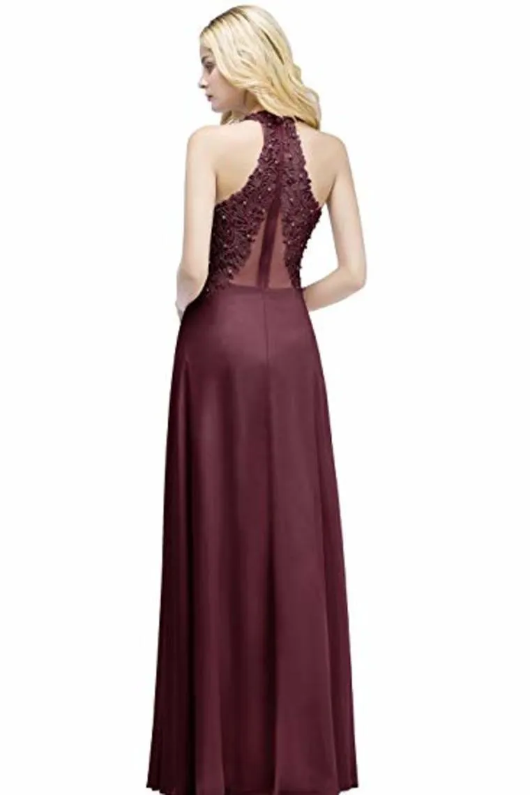 Lace Chiffon Prom Dresses Beading Applique A Line V Neck Evening Dresses