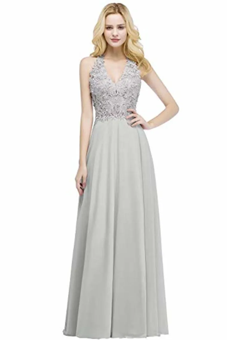 Lace Chiffon Prom Dresses Beading Applique A Line V Neck Evening Dresses