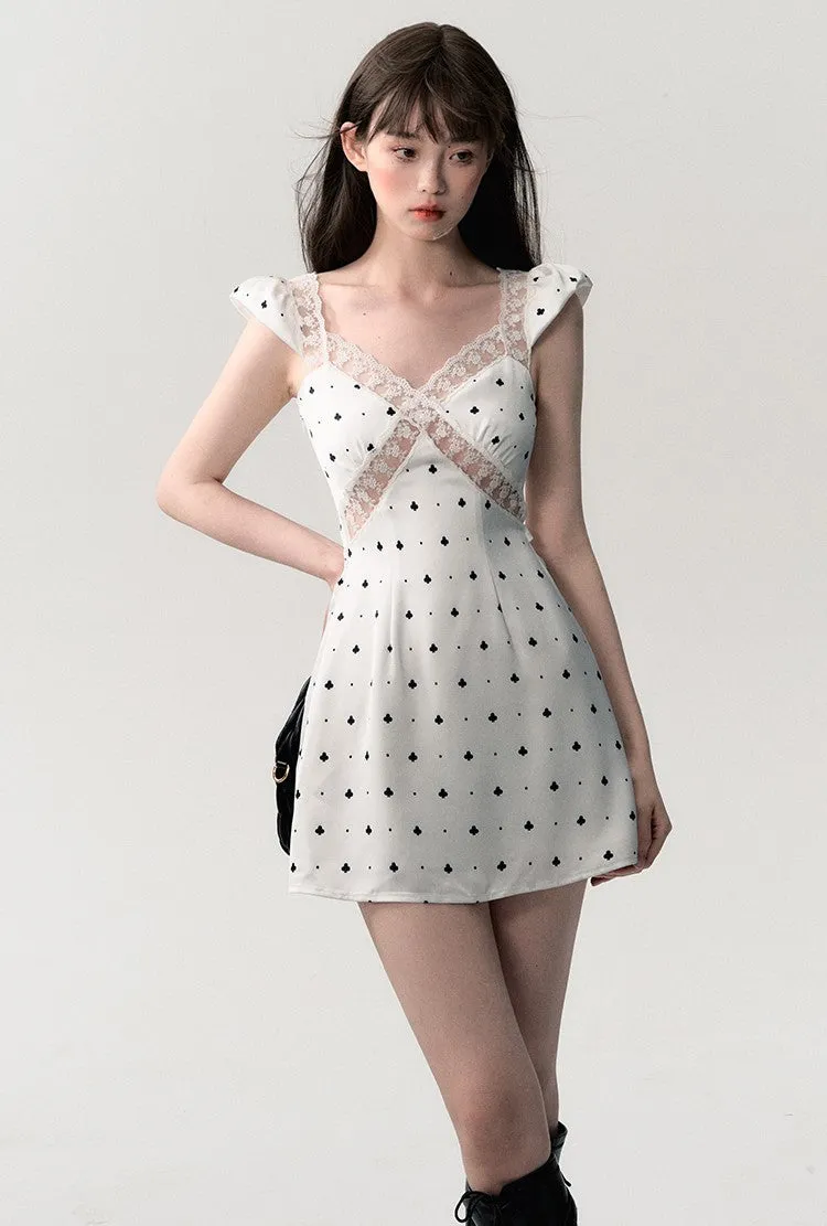 Lace Trim Spades Print Dress