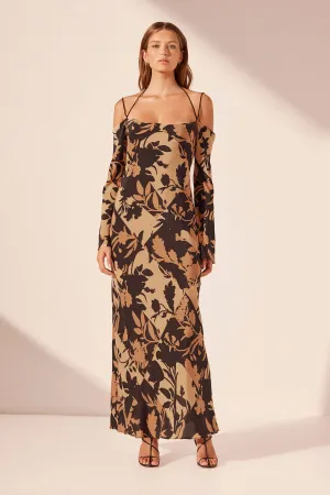 LAI SILK OFF THE SHOULDER TIE MAXI DRESS