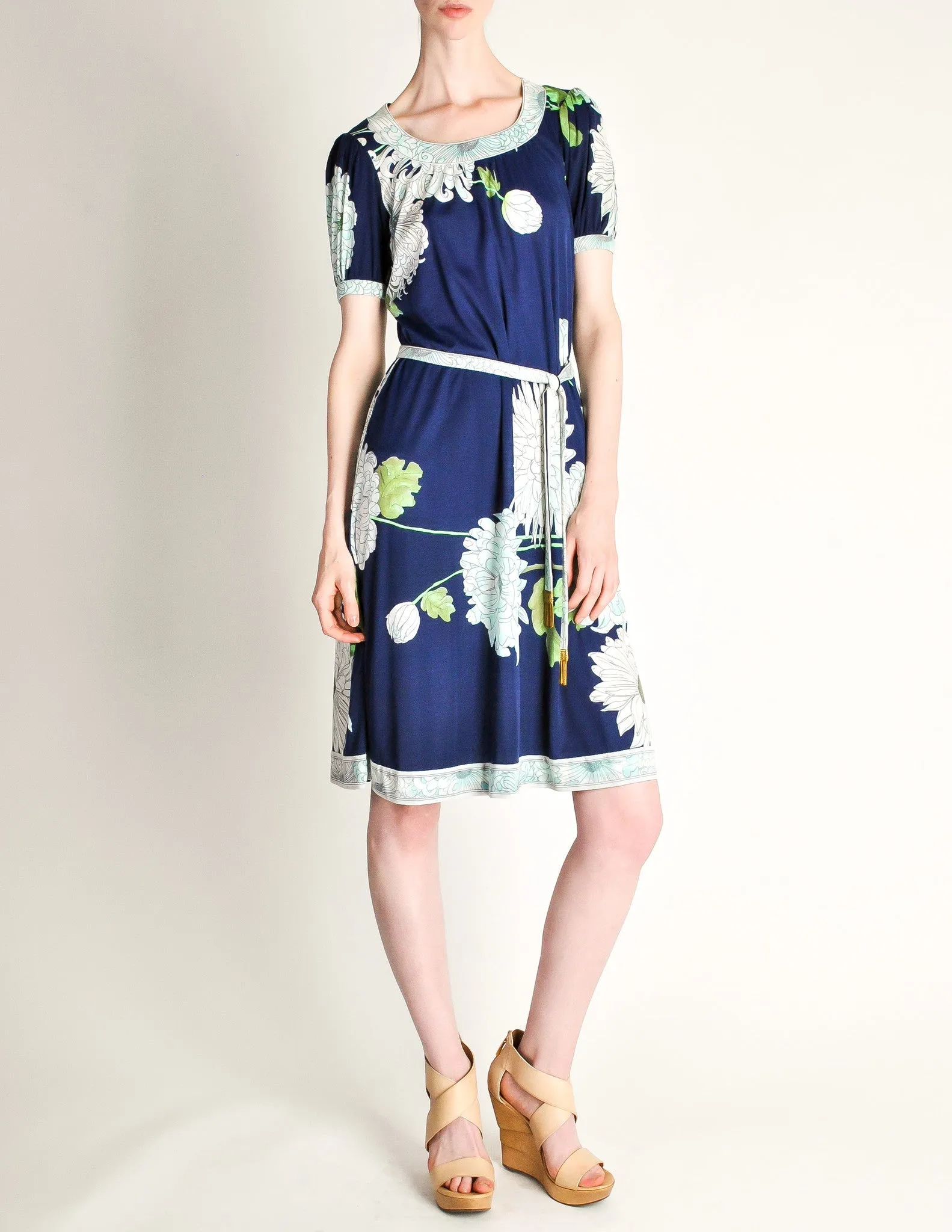 Leonard Vintage Blue Silk Jersey Floral Print Dress