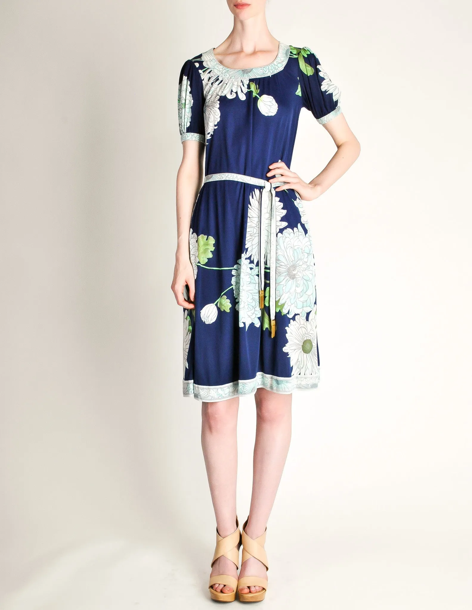 Leonard Vintage Blue Silk Jersey Floral Print Dress